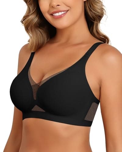 Image of As Fairy Seamless Mesh Deep V Push-up Wireless Bra with Support and Lift Soft Bras for Women (Black+Beige 38B)