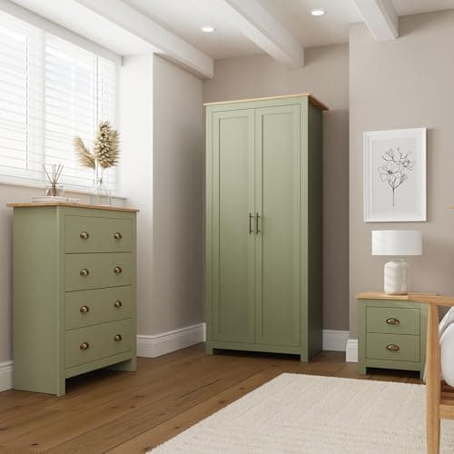 Image of GFW Lancaster 3 Piece Bedroom Set Sage Geen Bedside Cabinet Chest Of Drawers Wardrobe