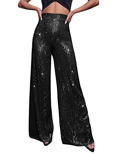 Image of Fiacafyo Womens Sexy Sparkly Sequin Pants Elastic High Waist Straight Wide Leg Glitter Palazzo Pants Y2K Streetwear Clubwear (A-Black, M)