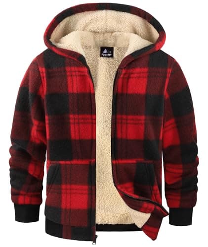 Image of JACKETOWN Fleece Hoodie Boys Checked Jacket Winter Fleece Lining Plaid Hoodie Boys Hooded Sweatshirt Thick Warm Winter Jacket S-2XL Red Black