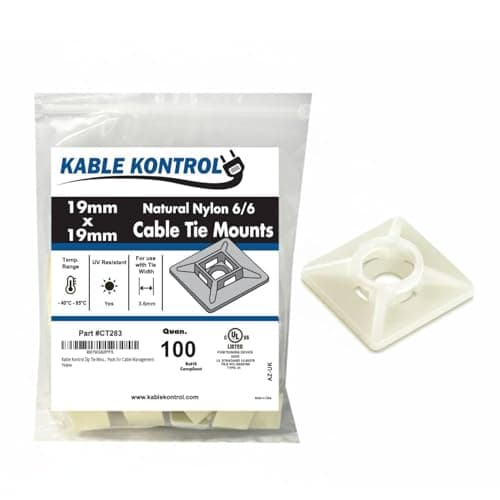 Image of Kable Kontrol White Natural Zip Tie Bases, 19 mm x 19 mm, Pack of 100 Cable Tie Adhesive Mounts Self Adhesive Mounts Multi-Purpose Zip Ties Bases, Cable Holder Sticky Pads - White Natural