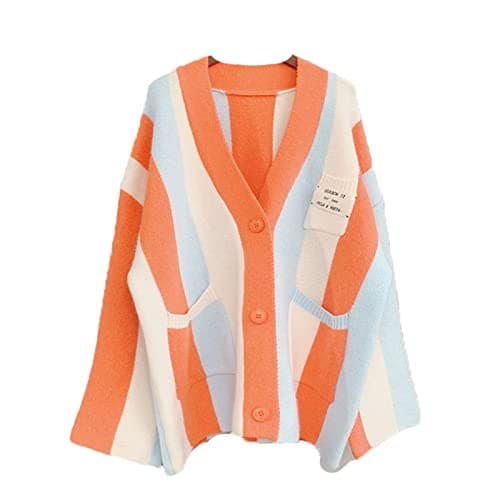 Image of JASCLS Winter Long Sleeve Cable Knitted Color Block Boho Striped Sweater Cardigans Chunky Sweater Cardigans for Women, Rainbow Orange, M