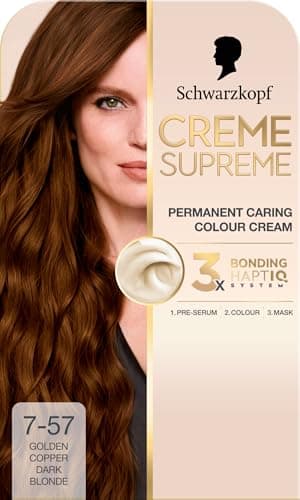 Image of Schwarzkopf Creme Supreme 7-57 Golden Copper Dark Blonde, Permanent Hair Dye, Caring Hair Dye Colouration with 3-Step Bonding System Against Damage, 100% Grey Coverage