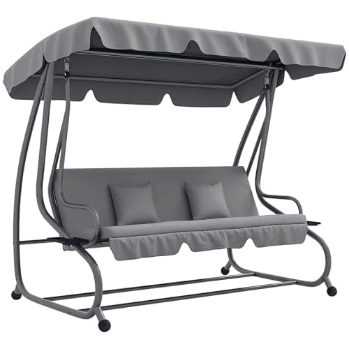 Image of Outsunny 2-in-1 Garden Swing Seat Bed, 3 Seater Convertible Swing Chair Bench with Tilting Canopy, Cushioned Seat and 2 Pillows for Patio, Garden, Light Grey