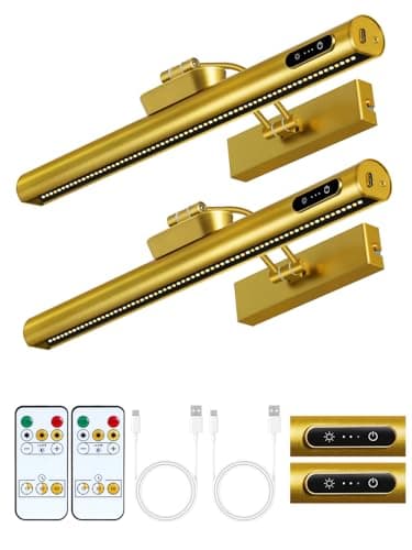 Image of OUTON 2Pack Rechargeable Picture Light with Remote & Touch, Magnetic Battery Operated Art Light, 3-Color Dimmable, 4000mAh, Timer, Power Indicator, Wireless for Wall Paintings, Mirrors, Gallery – Gold