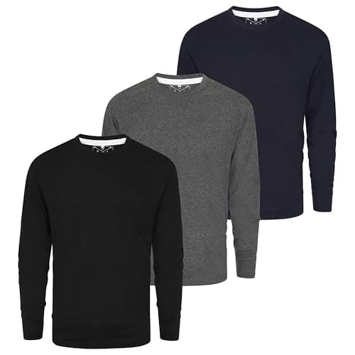 Image of Mens Long Sleeve Crew Neck T-Shirt 3 Pack Multipack LS Tshirts for Men Workwear Casual Wear (UK, Alpha, L, Regular, Regular, Black/Charcoal/Navy)