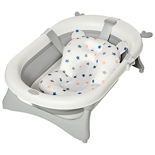 Image of HOMCOM Foldable Baby Bathtub Set, Collapsible Bath Tub with Thermostatic Water Plug, Non-Slip Support, Cushion Pad, Drain Plugs, for Newborn to 3 Years - Offwhite