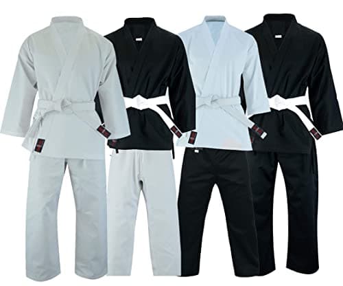 Image of VADER Mixed Karate Suits White/Black Karate Gi for Kids/Adults Pollycotton Medium Weight Karate Uniform Club Training Competition Martial Arts Suit with Free White Belt (Black/White, 1/140cm)
