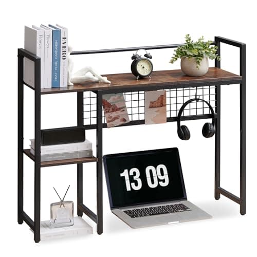Image of Grecodown 4-Tier Desk Hutch Shelf with Grid Panel, 36” Desktop Bookshelf for Monitor, Office & Home (Rustic Brown, 36")