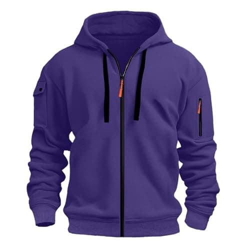 Image of Mens Hoodies Men's Zip Up Hoodie With Embroidered Badge Pocket Casual Pullover Sweatshirt For Outdoor Sports And Daily Wear (Purple, L)