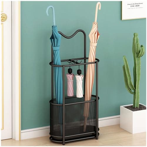 Image of SINBINTA Metal Umbrella Stand,Free Standing Holder Rack with Hooks and Drip Tray,Walking Stick Holder Organizer for Hallway Entryway (Black)