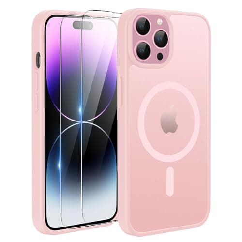 Image of TQIAHF Magnetic Phone Case for iPhone 14 Pro Max Case with 2 Tempered Glass Screen Protector Compatible with MagSafe Military Grade Translucent Matte Phone Cover for iPhone 14 Pro Max,Pink