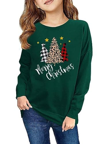 Image of Haloumoning Sweatshirt Girls Christmas Jumper Funny Crew Neck Pullover Winter Tops for Children, Green Tree, 5-6 Jahre