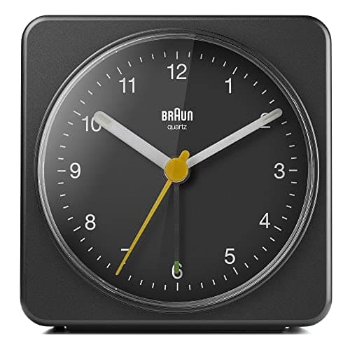 Image of Braun Classic Analogue Alarm Clock with Snooze and Light, Quiet Quartz Sweeping Movement, Crescendo Beep Alarm in Black, model BC03B.