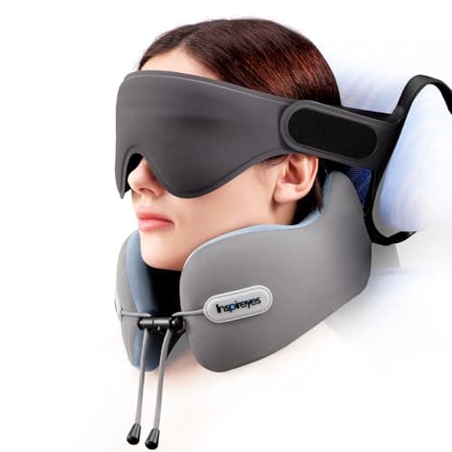 Image of Inspireyes Neck Pillow, Travel Pillow with Seat Strap, 3D Sleep Mask, Dual Support Neck Head, High Supportive Foam Airplane Pillow for Long Flight, Stop Bobblehead Travel Essential, Light Grey