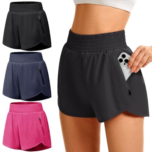 Image of GetGigt 3 Pack Women's Running Shorts with Zipper Pockets Elastic High Waisted Gym Short with Liner for Ladies Sports Workout Yoga (L,Black,Navy,Hot Pink)