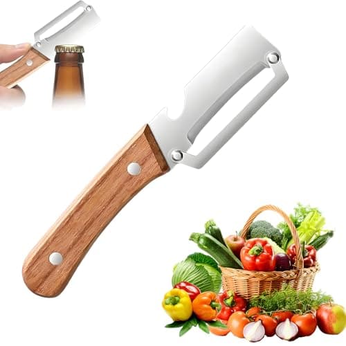 Image of Wooden Handle Peeler, Multi-Functional Vegetable Peeler for Kitchen, Stainless Steel Vegetable Peeler with Wooden Handle, 2 in 1 Peelers for Kitchen & Built-in Bottle Opener, Easy to Use (1pc)