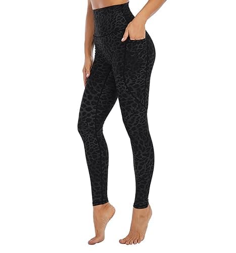 Image of FASH-ICONS Dark Blue Grey Leopard Legging for Women High Waisted Animal Print Yoga Pants with Two Large Pockets Buttery-Soft Workout Running Tight 31" Full Length Size M (UK 8)
