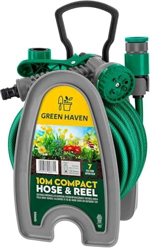 Image of Green Haven Garden Hose Pipe Reel – 10m / 32ft Lightweight Compact Hosepipe with 7-Pattern Spray Nozzle Gun, Easy Wind Mini Hose Reel for Small Gardens, Balconies & Outdoor Cleaning