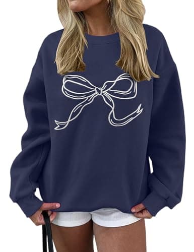 Image of MISSACTIVER Women Bow Graphic Sweatshirts Oversized Pullover Sweatshirts Crewneck Pullover Tops 2024 Fall Fashion Clothes, Navy Blue, XL