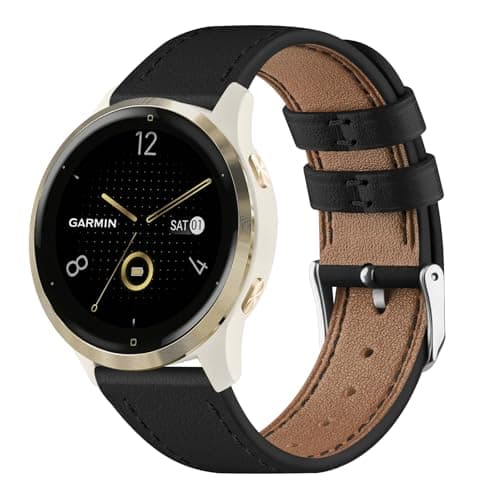 Image of Leather Strap Compatible with Garmin Venu 2S/3S/Forerunner 265S/255S/255S Music/Vivoactive 4S/Vivomove 3S, 18mm Soft Leather Replacement Watch Band for Garmin (18mm, Black)