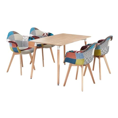 Image of Halo 5-Piece Dining Set – Modern Retro Rectangular Table with Solid Wood Legs & 4 Patchwork Mid-Century Chairs – Compact Kitchen or Dining Room Set for 4 – Stylish, Comfortable & Easy to Assemble