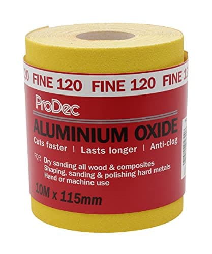 Image of ProDec 10m Roll 120 Grit Fine Grade Yellow Aluminium Oxide Abrasive Sanding Paper for Sanding Wood, Paint, Plaster, Filler, Metal and More, 115mm Wide Sandpaper Compatible with Machine Sanders