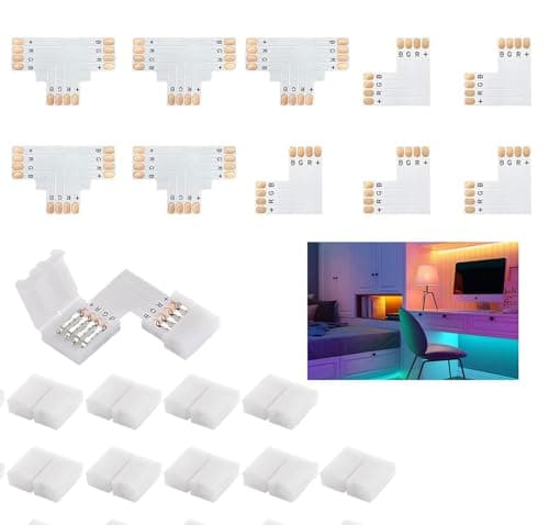 Image of 10 Pcs LED Strip Light 4-Pin Adapter Kit (10 mm) with 20 Clips – 5× T-Shape & 5× L-Shape Solderless Corner Joiners for RGB 5050/3528, for Kitchen Under-Cabinet, Gaming Desk, Display Shelves, Signage