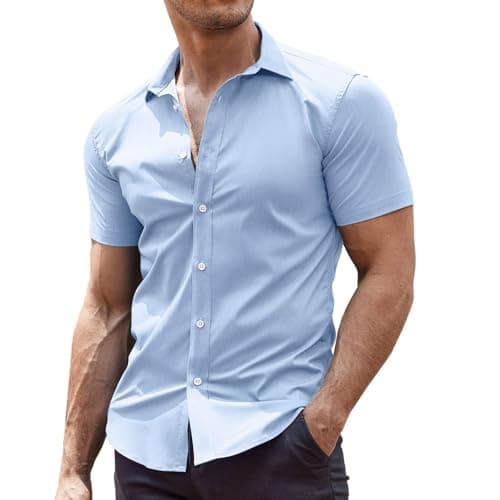 Image of COOFANDY Mens Short Sleeved Summer Shirts Non Iron Dress Shirts Stretch Formal Shirt Muscle Fit Work Shirt Office Light Blue L