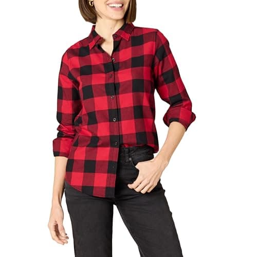 Image of Amazon Essentials Women's Regular-Fit Long-Sleeve Lightweight Plaid Flannel Shirt, Red Buffalo Check, M