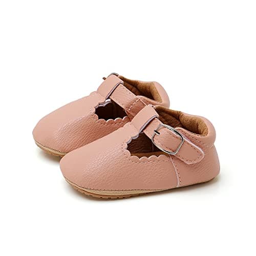 Image of Baby Girls Mary Jane Flats Soft Sole Non-Slip Newborn First Walkers Princess Dress Shoes, Pink (2-Pink), 6-12 Months Infant