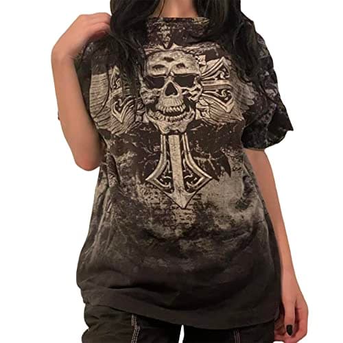 Image of Women's Gothic T-Shirts Vintage Skull Print Short Sleeve Shirts Y2k Fairy Grunge Shirts Aesthetic Oversized Baggy Tees, White print, M