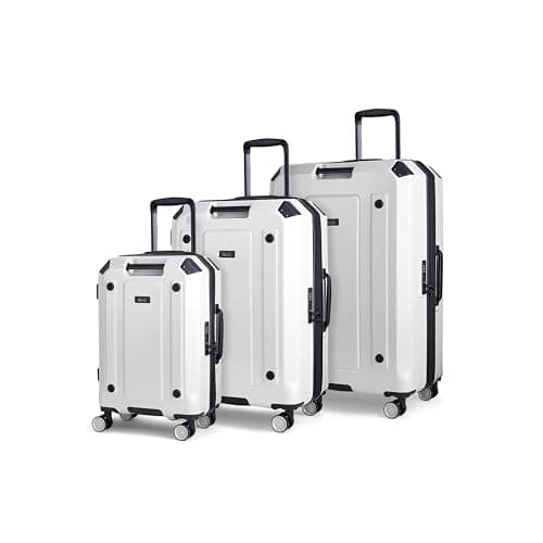 Image of Rock Alpine Set of 3 Hard Shell Suitcase in White - Expandable Luggage with Corner Protectors, Hooked Bumper Sides, 360 Swivel-Wheels & TSA Combination Lock - Small, Medium, Large