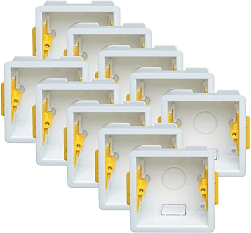 Image of 10x Pack Single 1-Gang 47mm Dry-Lining Back Box Electrical Wall Knockout Recessed Flush Mount Deep Pattress Dry Lining Partition Walls Switches Sockets Fused Spur Euro Module Faceplates - Yellow