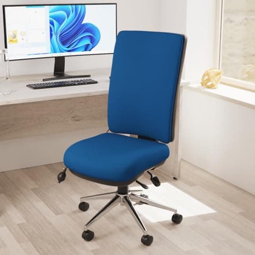 Image of OPO Chiro High Back Operator Chair with Folding Arms | Executive Swivel Chair with High Back Large Seat and Tilt Mechanism | Polished Chrome 5 Star Base None Matching Bespoke Colour Blue Fabric