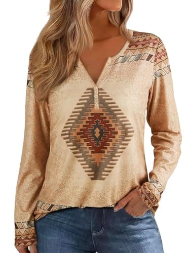 Image of Bellelily Womens Long Sleeve T Shirts Aztec Cow Print Western Henley Tops Ladies Graphic Tees Casual V Neck Loose Fit Blouse, Brown Aztec, M