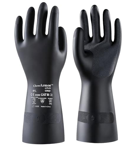 Image of AnTools 2 Pairs Heavy Duty Rubber Safety Work Gloves, Chemical Resistant Latex Gloves for Cleaning, Acid & Alkali Protection, Hazmat Use, Black, Medium