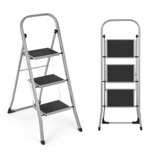 Image of 3 Step Ladder | Portable Folding Ladders | Lightweight Sturdy Steel Ladder | Anti Slip Feet | Non-Slip Safety Treads | Easy to Store Step Stool | DIY Gardening Kitchen Garage | 150kg Capacity, Grey