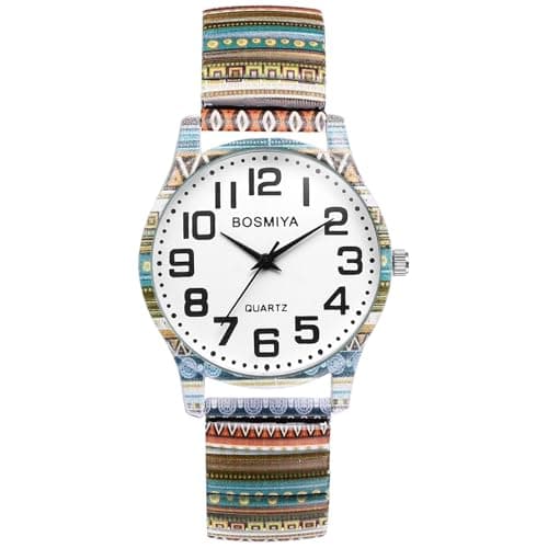 Image of Oidea Stretch Band Watches for Women: Bohemian Stripe Print Elastic Strap Analog Quartz Wrist Watch Large Face Arabic Numerals Easy Reader Watches Casual Ladies Bracelet Watch