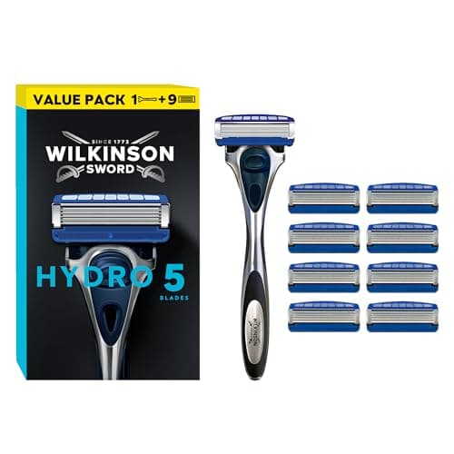 Image of Wilkinson Sword Hydro 5 Men’s Razor, Great Addition to Wash Bags for Men's Grooming, Great Shavers for Routine Shaving, 1 Reusable Handle + 9 Blades Refills Pack