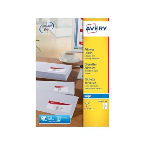 Image of Avery Smudge Free, Printable, Address Labels, Quickdry, 63.5 x 38.1 mm, White, 21 Labels per Sheet, 210 Blank Labels per Pack (J8160-10)