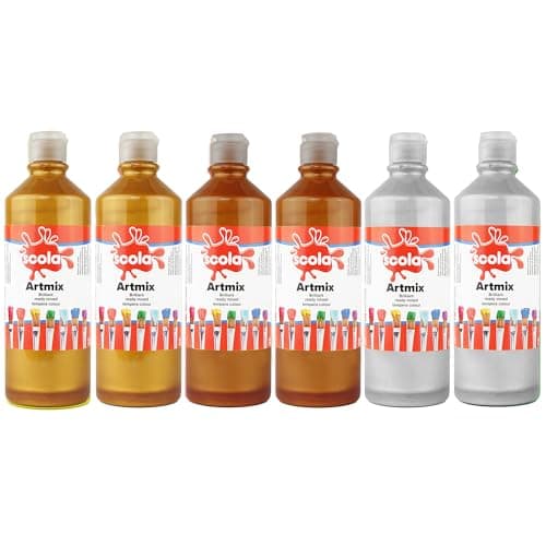 Image of Scola Readymix Water Based Tempera Paint, 6 Assorted Metallic Colours, 600ml Bottles, Safe Non-Toxic Poster Paints, Craft Projects, Suitable for 3+