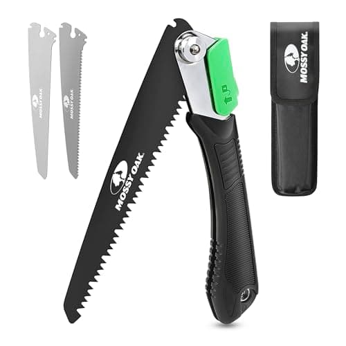 Image of Mossy Oak Pruning Saw, Folding Hand Saw with Secure Lock, 3 Blades Made of Cr-V and 65Mn, for Wood, Bone, PVC, Tree Pruning, Camping, Hunting, Non-Ferrous Metal, Solid TPR Soft Grip and Portable Pouch