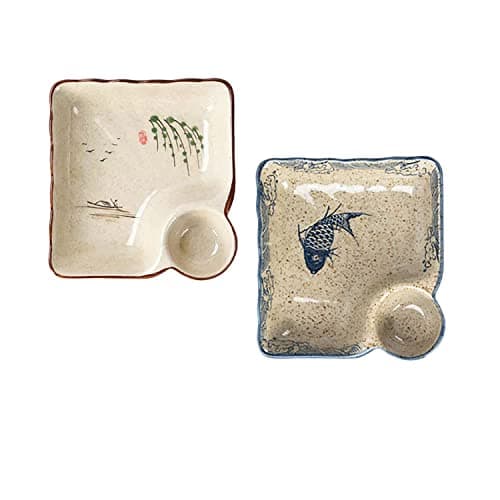 Image of FYUEROPA Ceramic Dumpling Plate, Sushi Dish, Set of 2 (Fish Pattern), 7.5 Inch