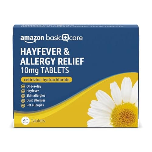 Image of Amazon Basic Care Hayfever & Allergy Relief 10mg Tablets, Cetirizine Hydrochloride, 30 Tablets (Pack of 1) - Effective Relief from Hayfever, Skin Allergies, Dust Allergies and Pet Allergies