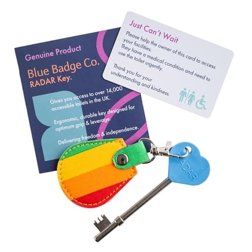 Image of Radar Blue Badge Co Genuine NKS Radar Key for Disabled Toilets, Accessible Loos in The UK, Easy Turn Access, Ideal for Disabled Blue Badge Holders and Fabric Keyring in Rainbow
