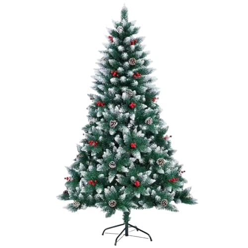 Image of 1.5m (5Ft) Flocked Artificial Christmas Tree with 480 Pencil Tips Balmoral Fir - Snowy Branches, Berries and Pine Cones Decorations Metal Stand - Bushy Luxury Xmas Home Centerpiece