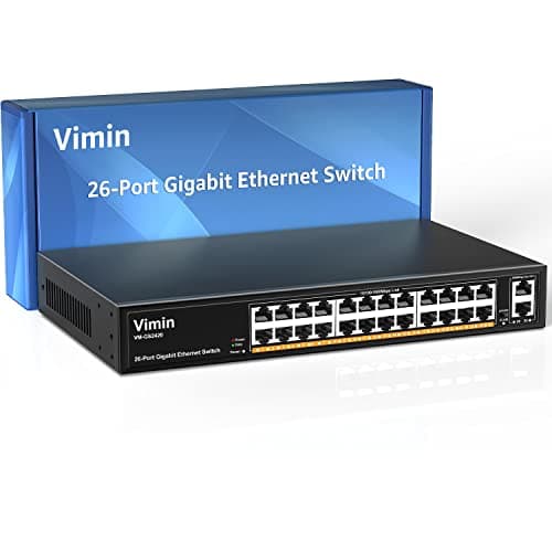 Image of VIMIN 24-Port Gigabit Ethernet Switch with 2 Uplink 1000Mbps Ports, 26-Port Unmanaged Network Switch Support IEEE802.3af/at, VLAN, Metal Housing, Desktop, 19 inch Rack-Mount, Plug and Play
