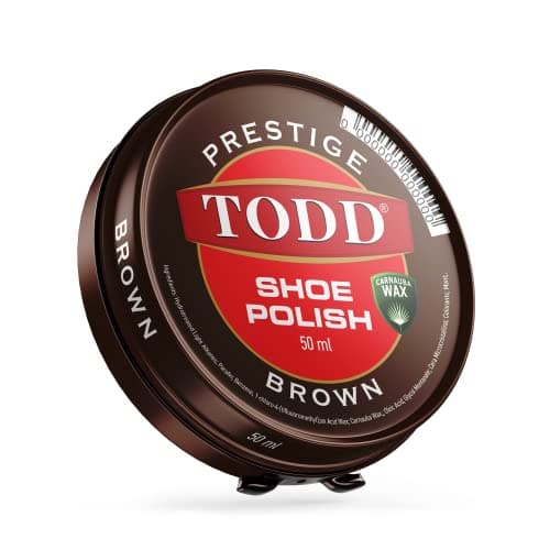 Image of TODD Prestige Shoe Polish Brown Dark Tan High Gloss with Carnauba Wax | Shine and Protect for Leather Shoes, Boots, Bags | Metal Tin | 50ml
