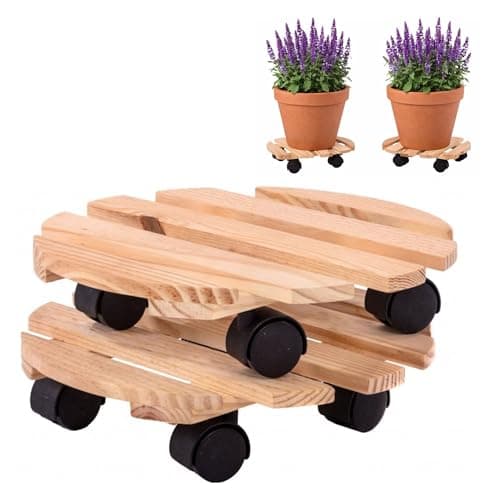 Image of Oypla Set of 2 30cm Wooden Plant Flower Pot Mobile Mover Trolley Stands
